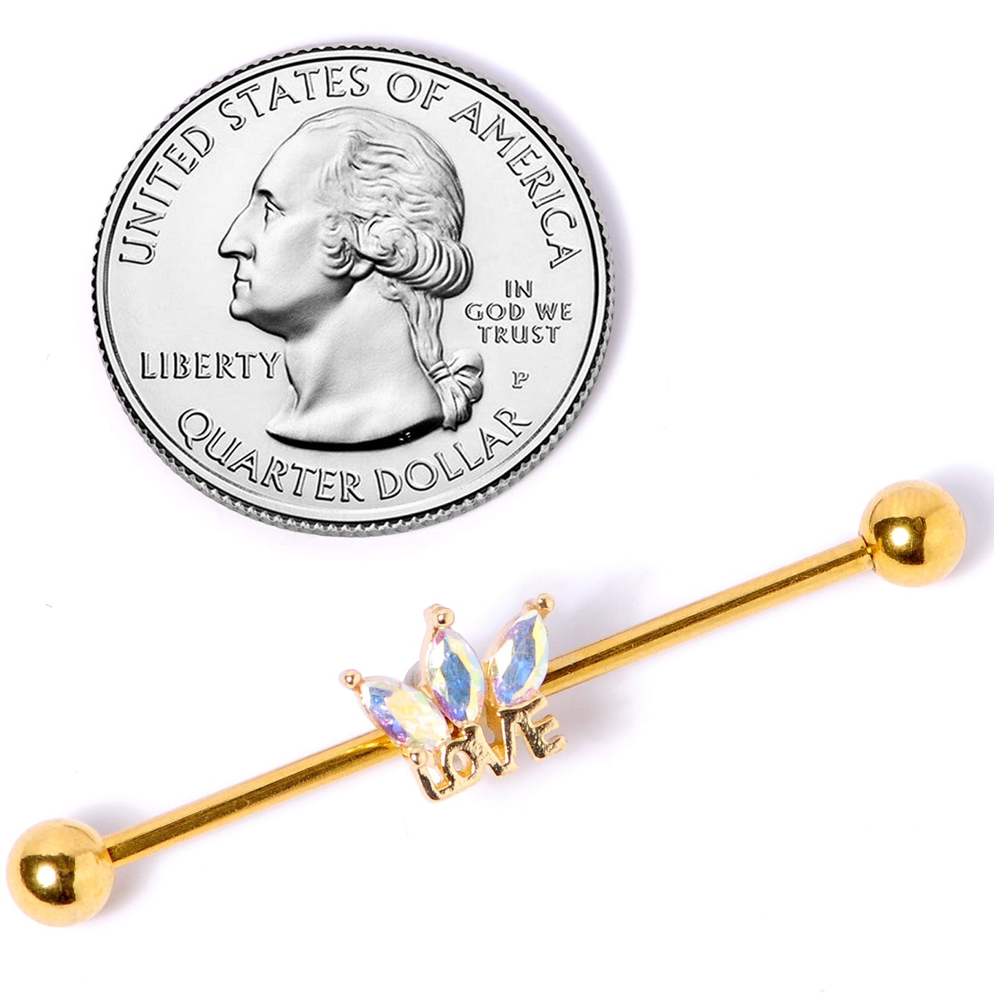 14 Gauge Aurora Gem Gold Tone Crown Love Industrial Barbell 38mm