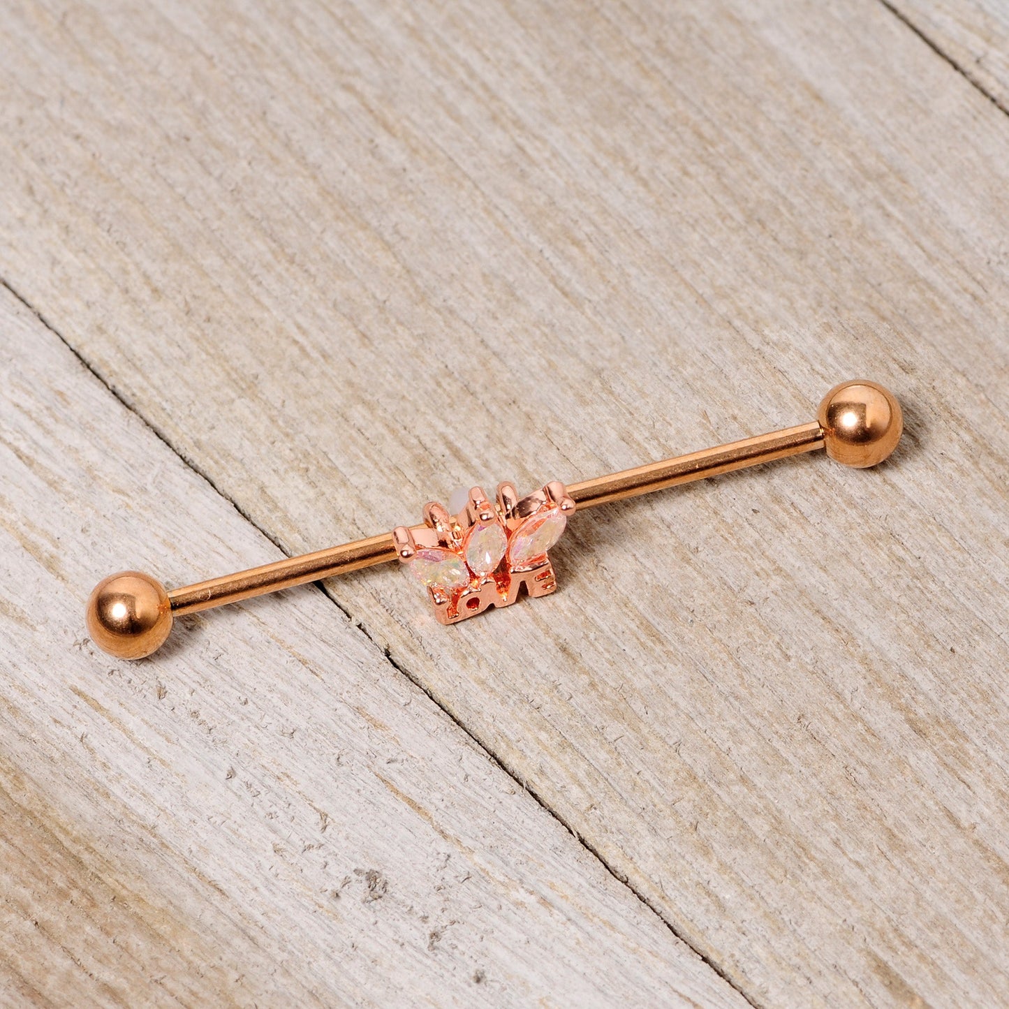 14 Gauge Aurora Gem Rose Gold Tone Crown Love Industrial Barbell 38mm