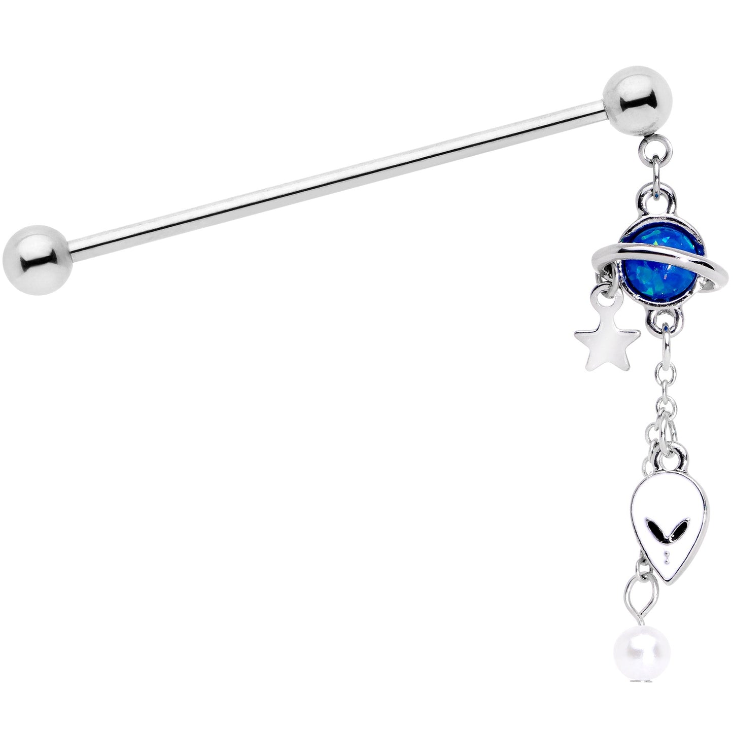 14 Gauge Blue Faux Opal Planet Alien Dangle Industrial Barbell 38mm