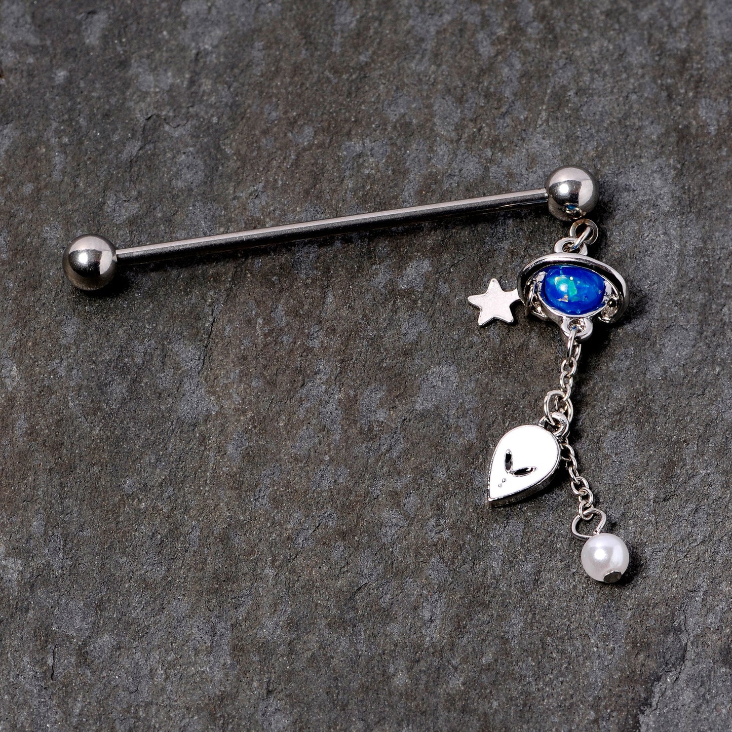 14 Gauge Blue Faux Opal Planet Alien Dangle Industrial Barbell 38mm