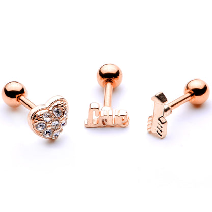 16 Gauge 1/4 Clear Gem Rose Gold Tone Plated Valentine Cartilage Set