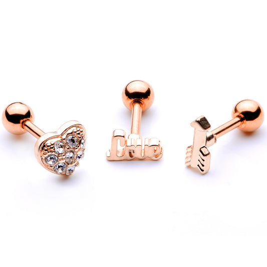 16 Gauge 1/4 Clear Gem Rose Gold Tone Plated Valentine Cartilage Set