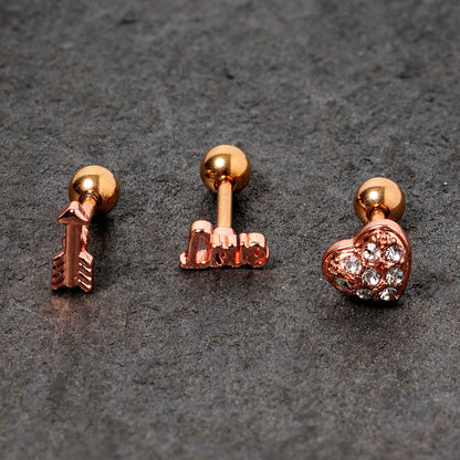 16 Gauge 1/4 Clear Gem Rose Gold Tone Plated Valentine Cartilage Set