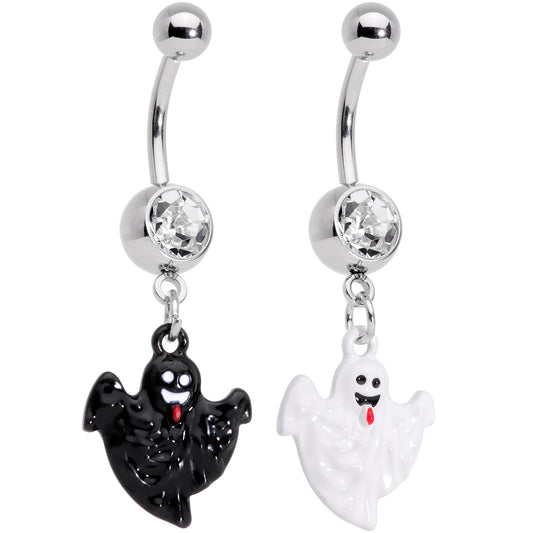 Clear Gem Black White Ghost Halloween Dangle Belly Ring Set of 2