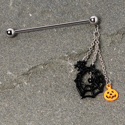 14 Gauge Spiderweb Pumpkin Halloween Dangle Industrial Barbell 38mm