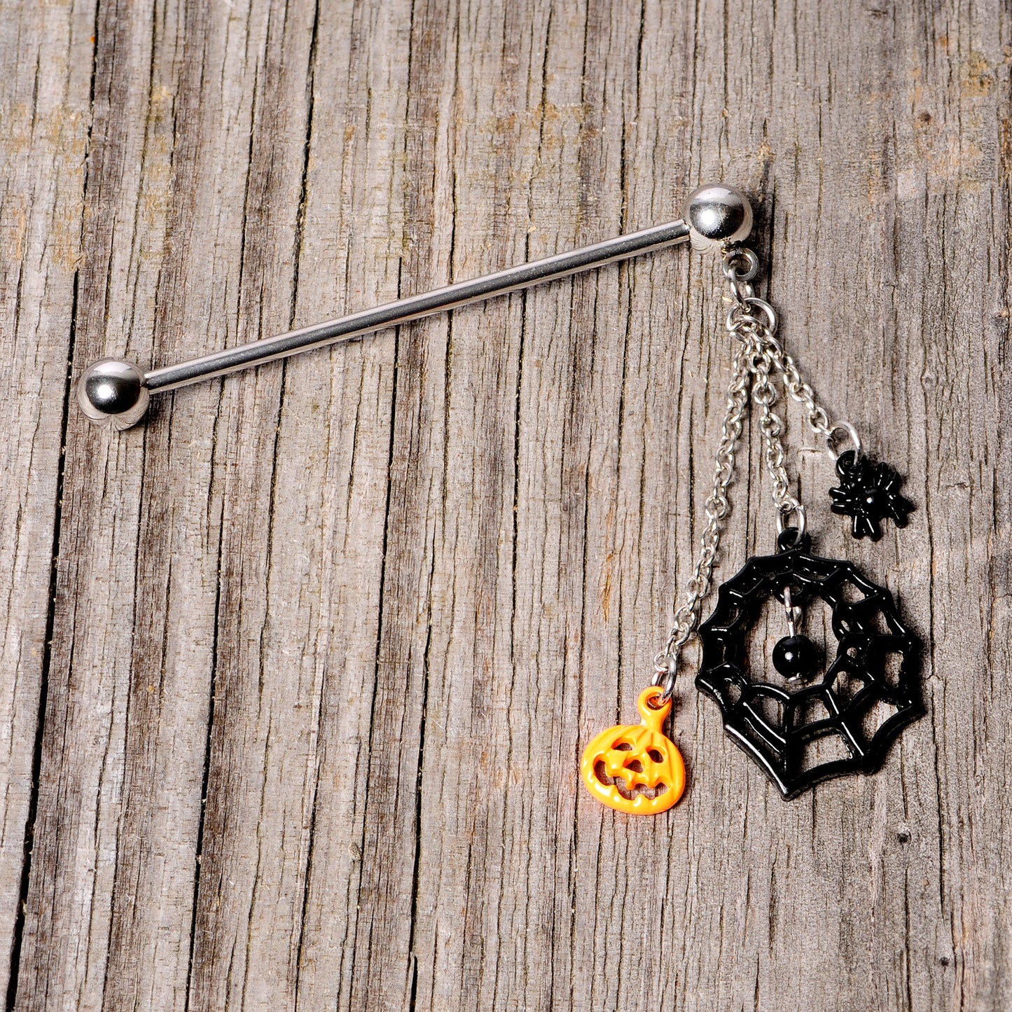 14 Gauge Spiderweb Pumpkin Halloween Dangle Industrial Barbell 38mm