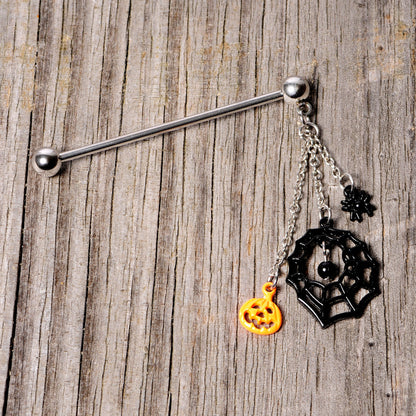 14 Gauge Spiderweb Pumpkin Halloween Dangle Industrial Barbell 38mm