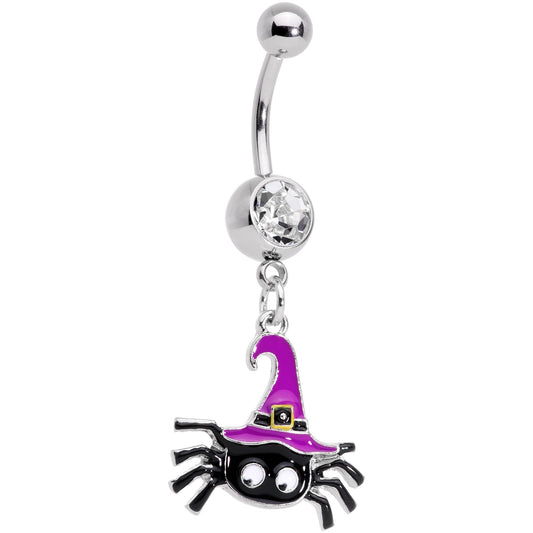 Clear Gem Black Purple Witchy Spider Halloween Dangle Belly Ring