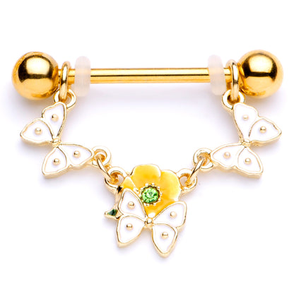 14 Gauge 5/8 Green Gem Gold Tone Butterfly Dangle Nipple Ring Set