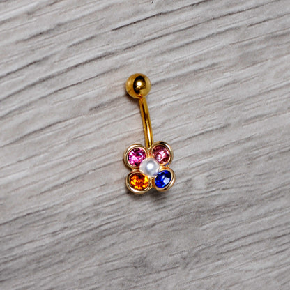 Pink Blue Yellow Gem Gold Tone Flower Belly Ring