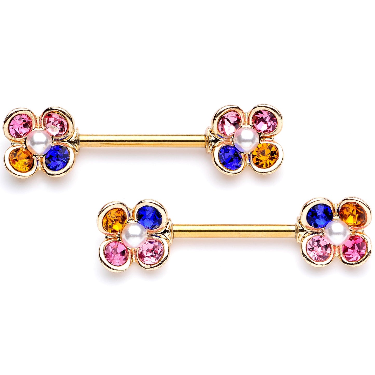 14 Gauge 9/16 Pink Blue Gem Gold Tone Flower Barbell Nipple Ring Set