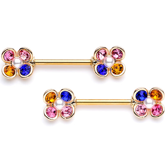 14 Gauge 9/16 Pink Blue Gem Gold Tone Flower Barbell Nipple Ring Set