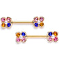 14 Gauge 9/16 Pink Blue Gem Gold Tone Flower Barbell Nipple Ring Set