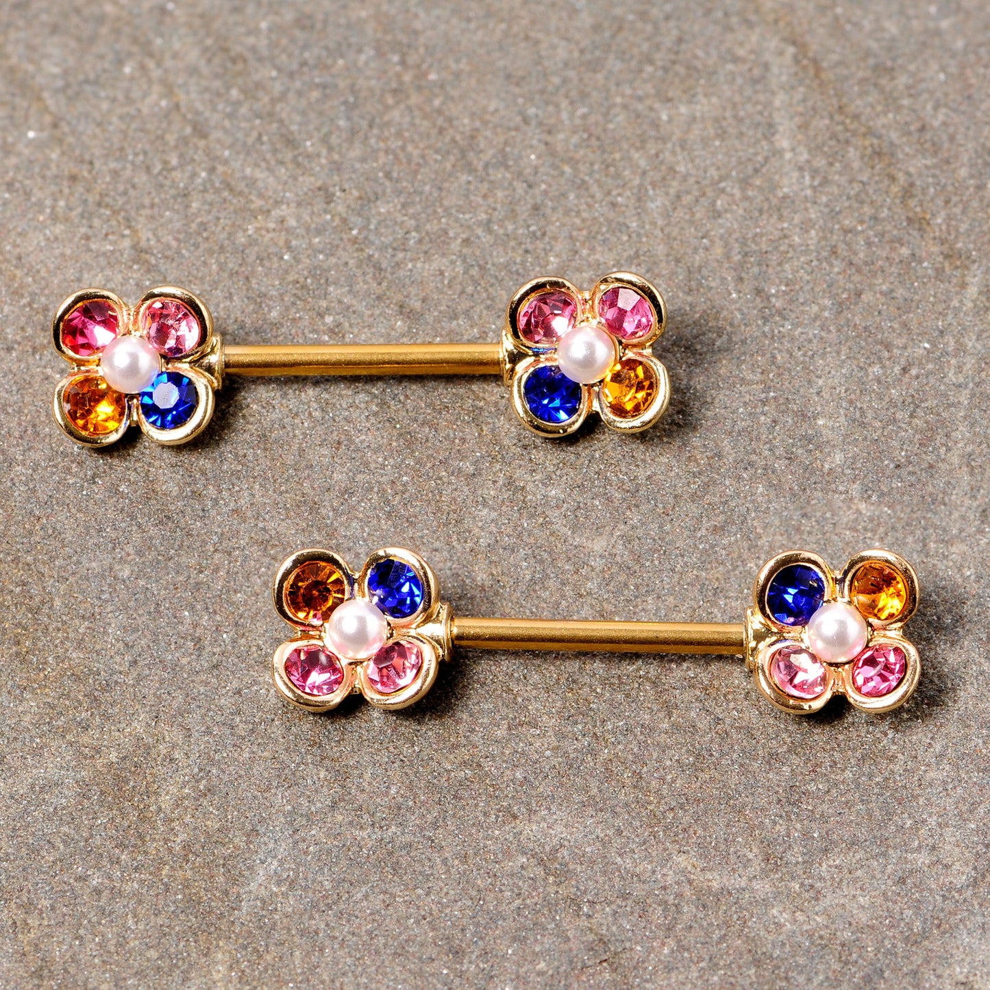 14 Gauge 9/16 Pink Blue Gem Gold Tone Flower Barbell Nipple Ring Set