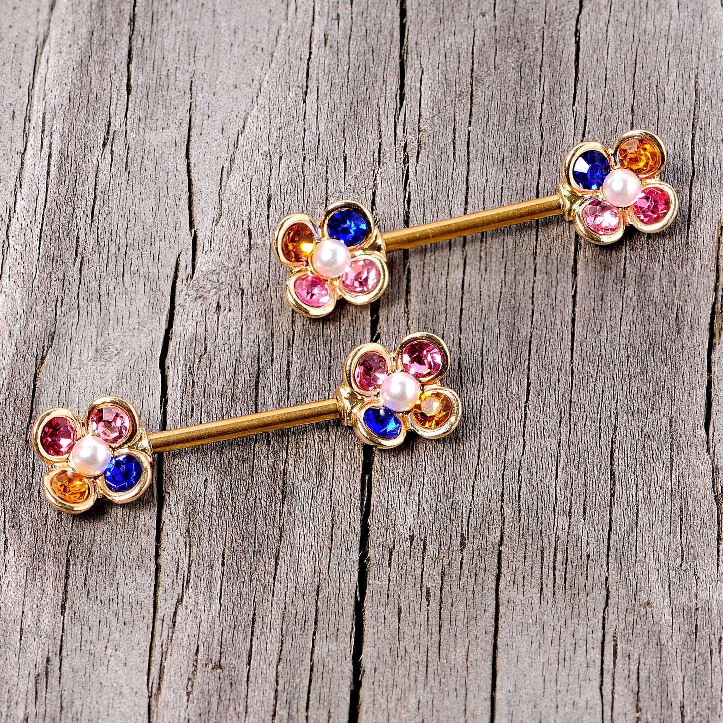 14 Gauge 9/16 Pink Blue Gem Gold Tone Flower Barbell Nipple Ring Set