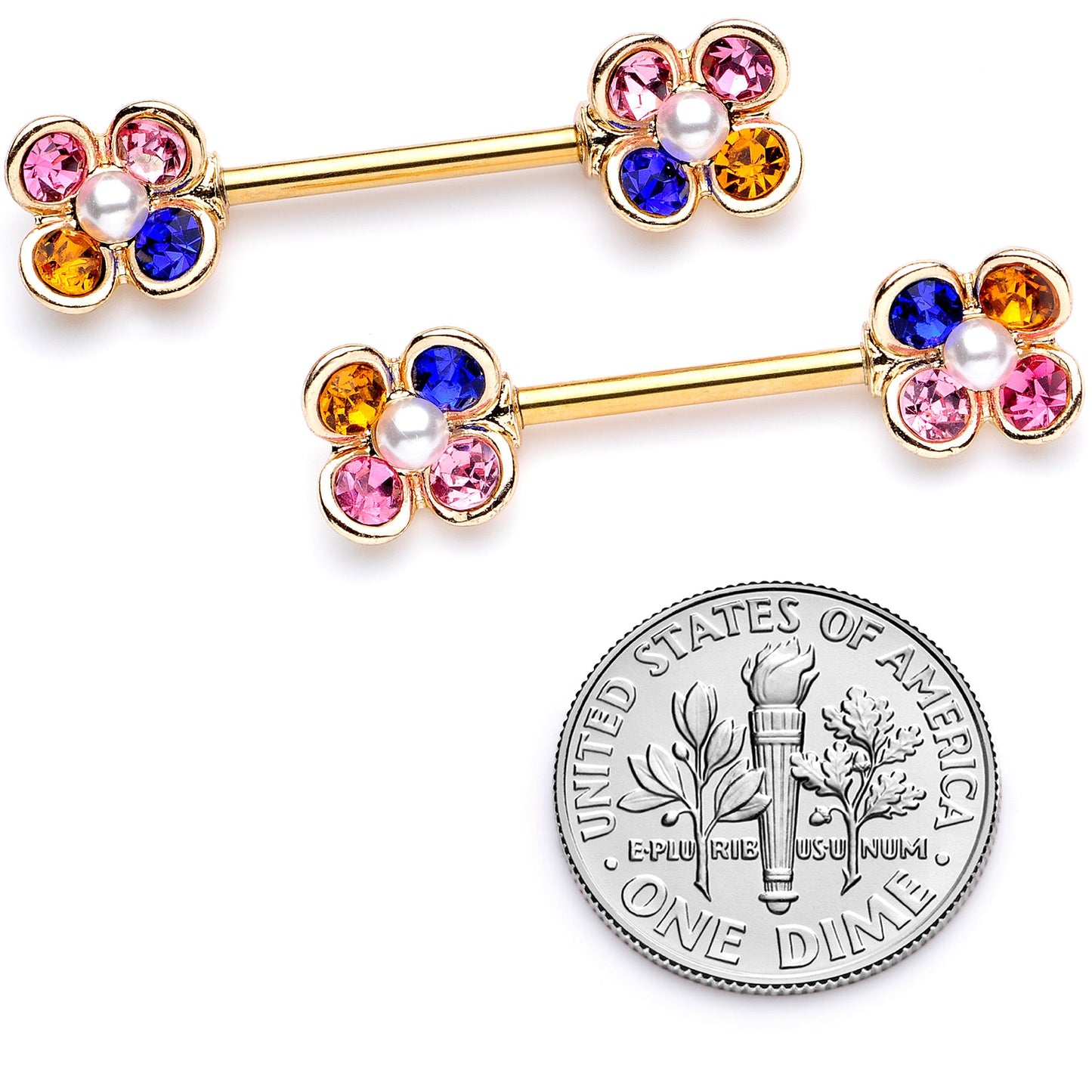 14 Gauge 9/16 Pink Blue Gem Gold Tone Flower Barbell Nipple Ring Set