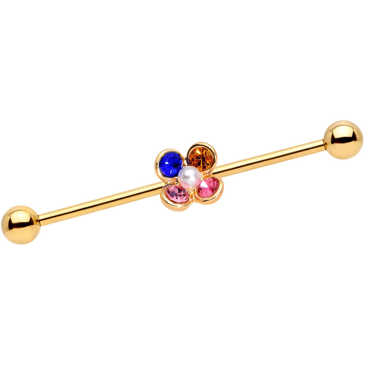 14 Gauge Pink Blue Yellow Gem Gold Tone Flower Industrial Barbell 38mm