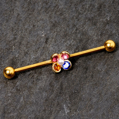 14 Gauge Pink Blue Yellow Gem Gold Tone Flower Industrial Barbell 38mm