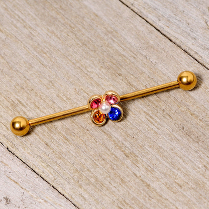 14 Gauge Pink Blue Yellow Gem Gold Tone Flower Industrial Barbell 38mm