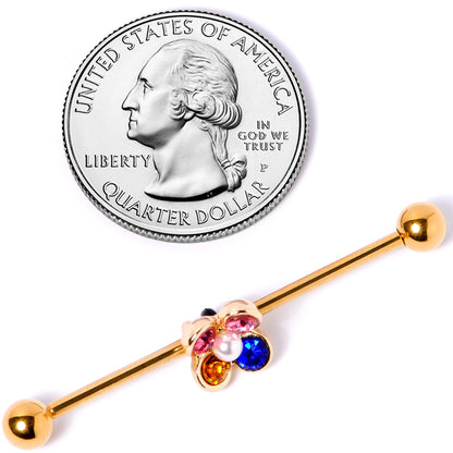 14 Gauge Pink Blue Yellow Gem Gold Tone Flower Industrial Barbell 38mm