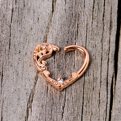 16 Gauge 3/8 Clear CZ Gem Rose Gold Tone Heart Right Ear Closure Ring