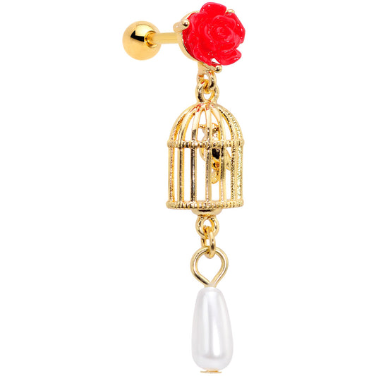 16 Gauge 1/4 Red Flower Gold Tone Birdcage Dangle Cartilage Tragus