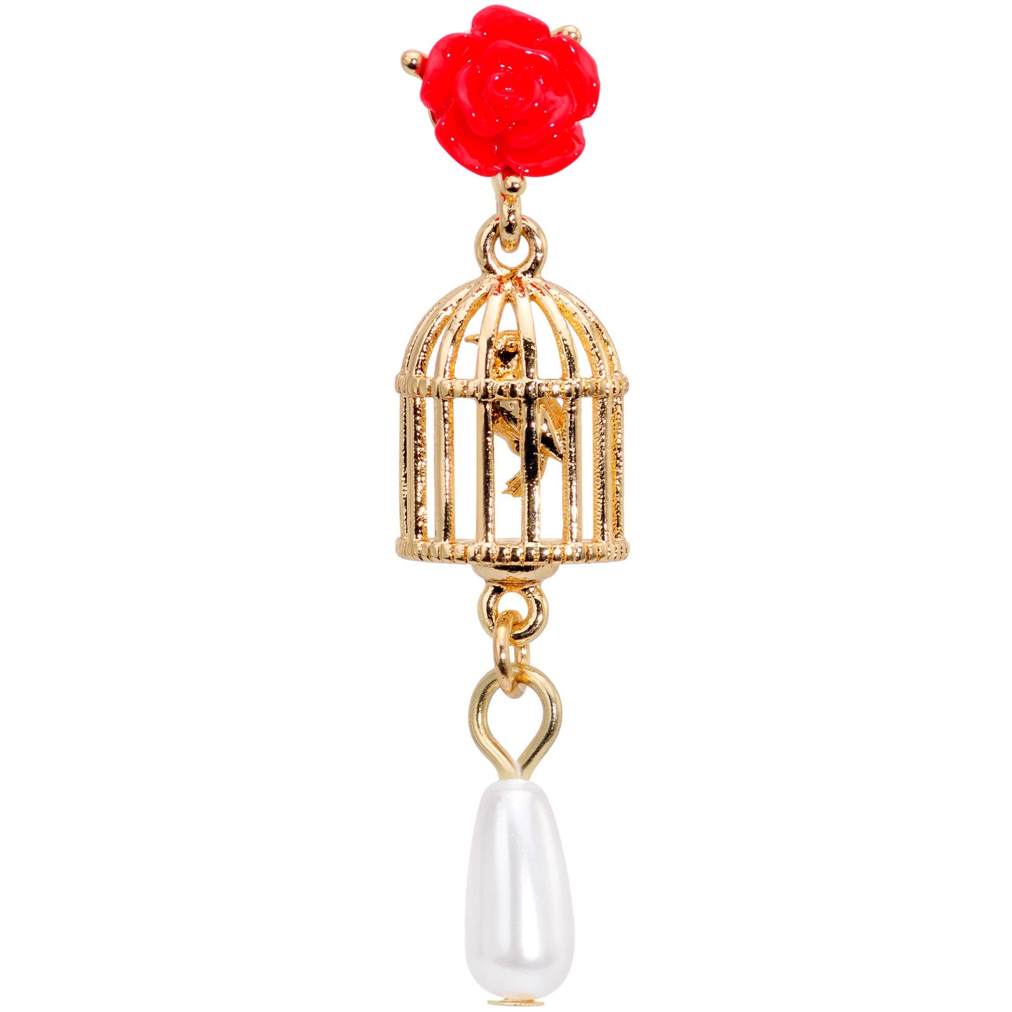 16 Gauge 1/4 Red Flower Gold Tone Birdcage Dangle Cartilage Tragus