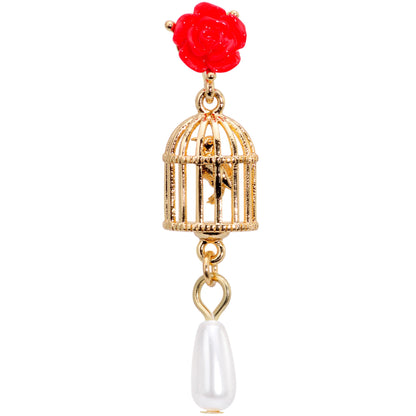 16 Gauge 1/4 Red Flower Gold Tone Birdcage Dangle Cartilage Tragus