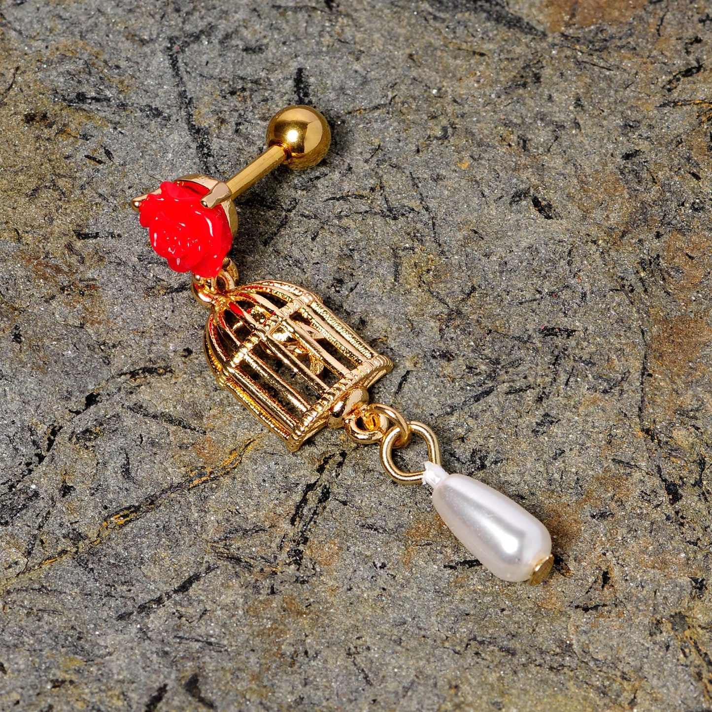 16 Gauge 1/4 Red Flower Gold Tone Birdcage Dangle Cartilage Tragus