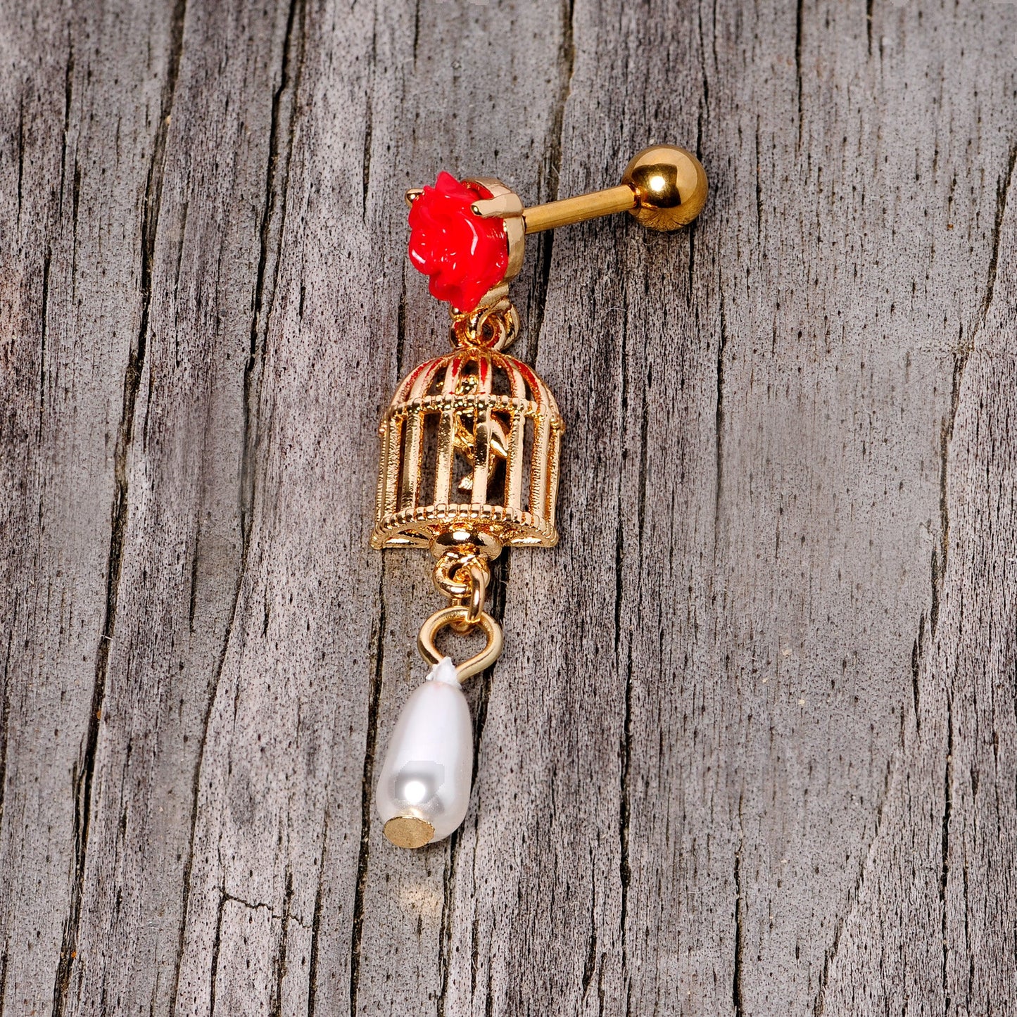 16 Gauge 1/4 Red Flower Gold Tone Birdcage Dangle Cartilage Tragus