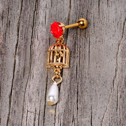 16 Gauge 1/4 Red Flower Gold Tone Birdcage Dangle Cartilage Tragus