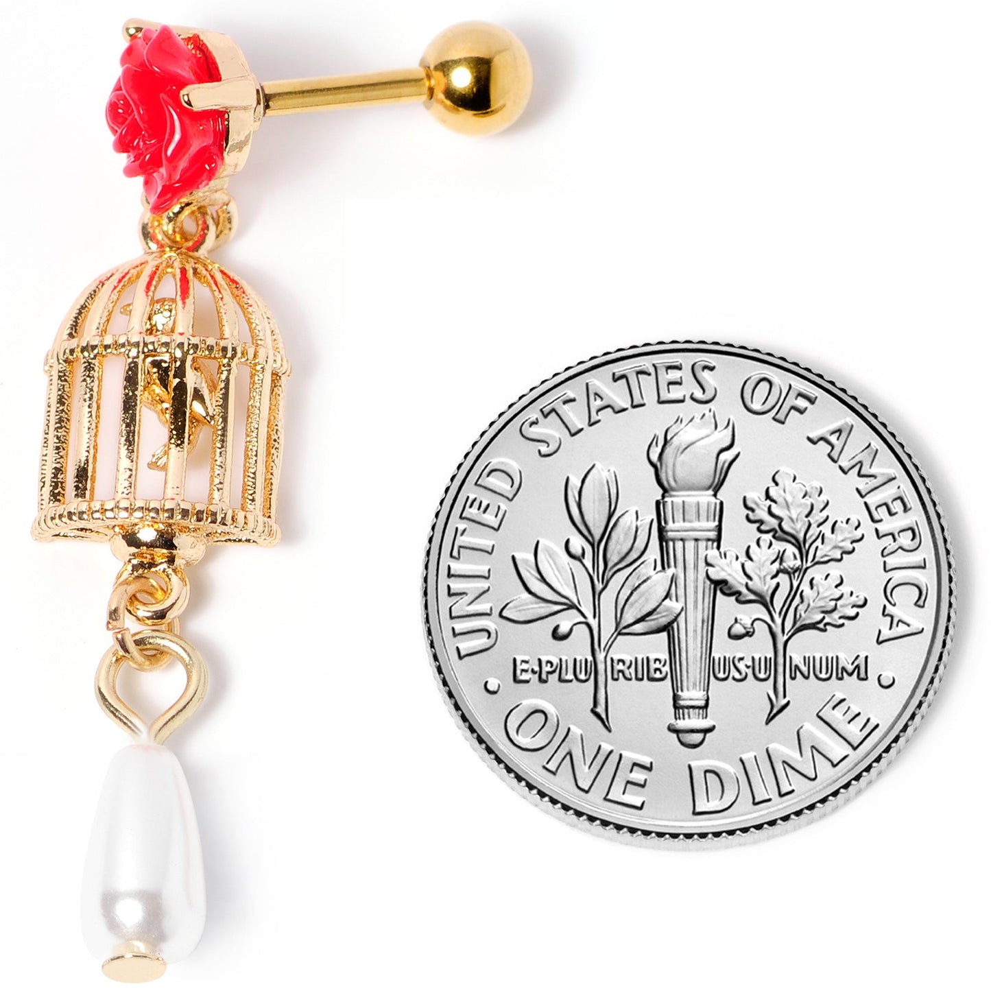 16 Gauge 1/4 Red Flower Gold Tone Birdcage Dangle Cartilage Tragus