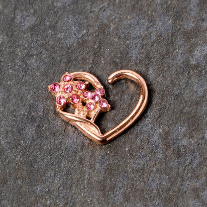 16 Gauge 3/8 Pink Gem Rose Gold Tone Heart Right Ear Closure Ring