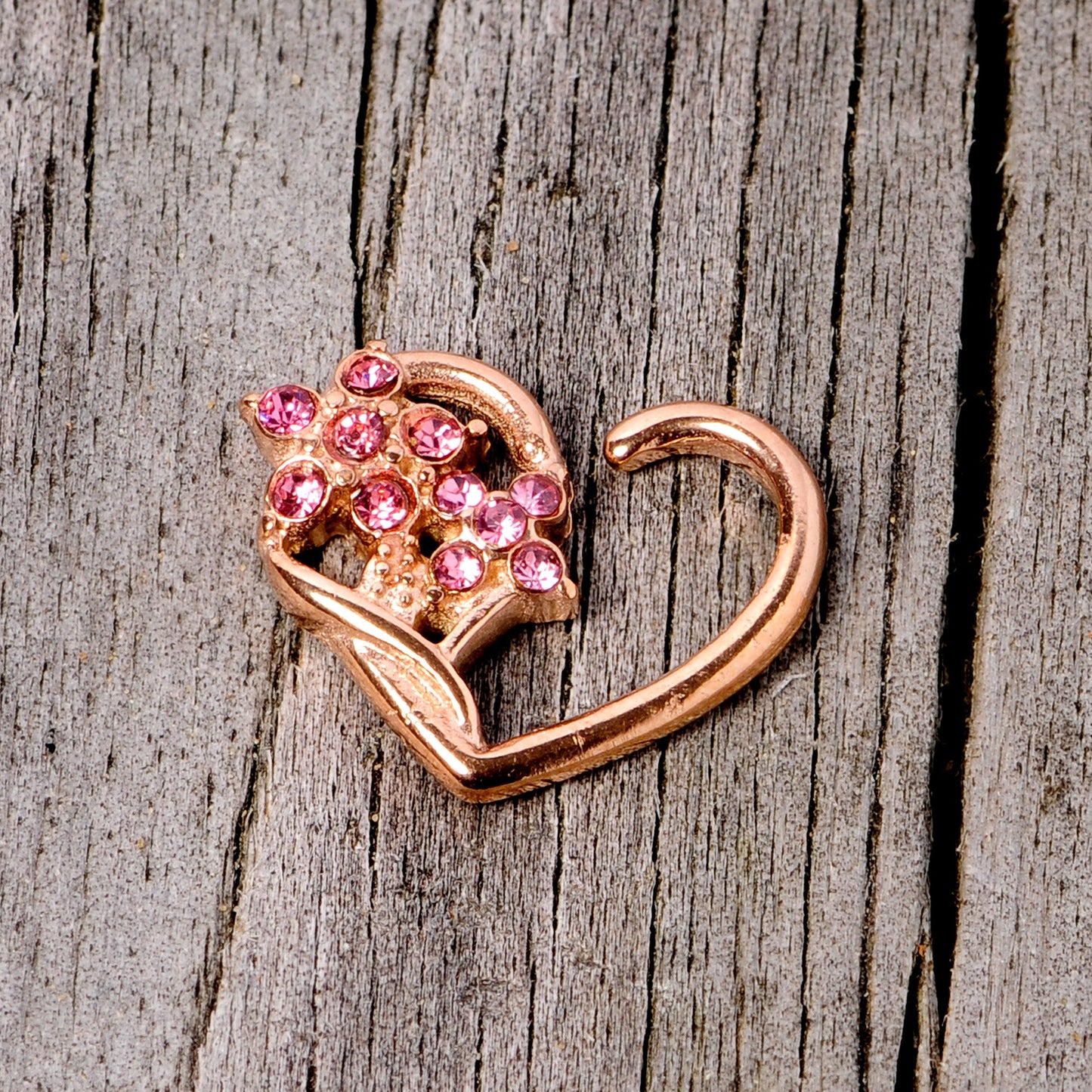 16 Gauge 3/8 Pink Gem Rose Gold Tone Heart Right Ear Closure Ring