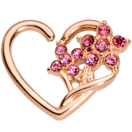 16 Gauge 3/8 Pink Gem Rose Gold Tone Heart Left Ear Closure Ring
