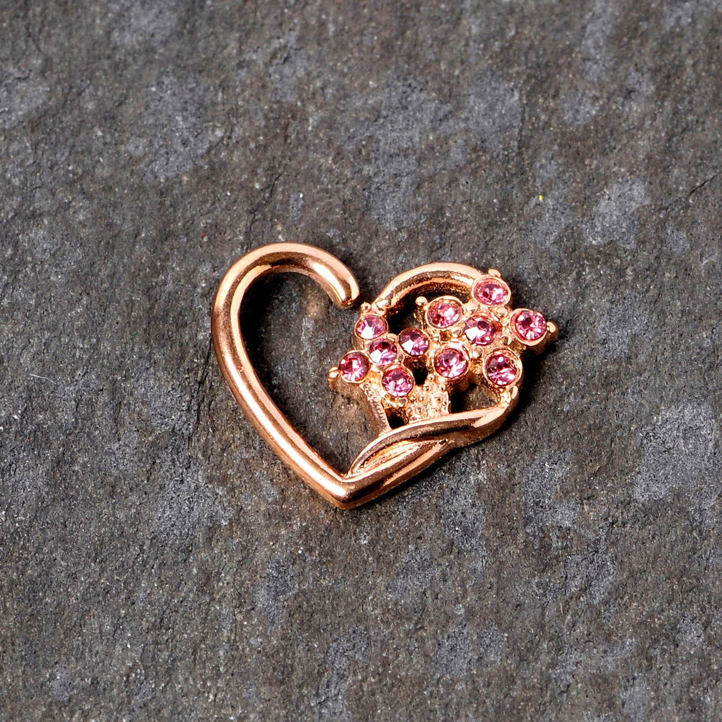 16 Gauge 3/8 Pink Gem Rose Gold Tone Heart Left Ear Closure Ring