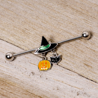 14 Gauge Black Cat Witch Hat Halloween Dangle Industrial Barbell 38mm