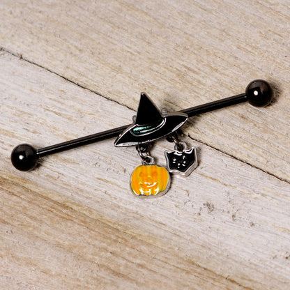 14 Gauge Black Cat Witch Hat Black Halloween Industrial Barbell 38mm