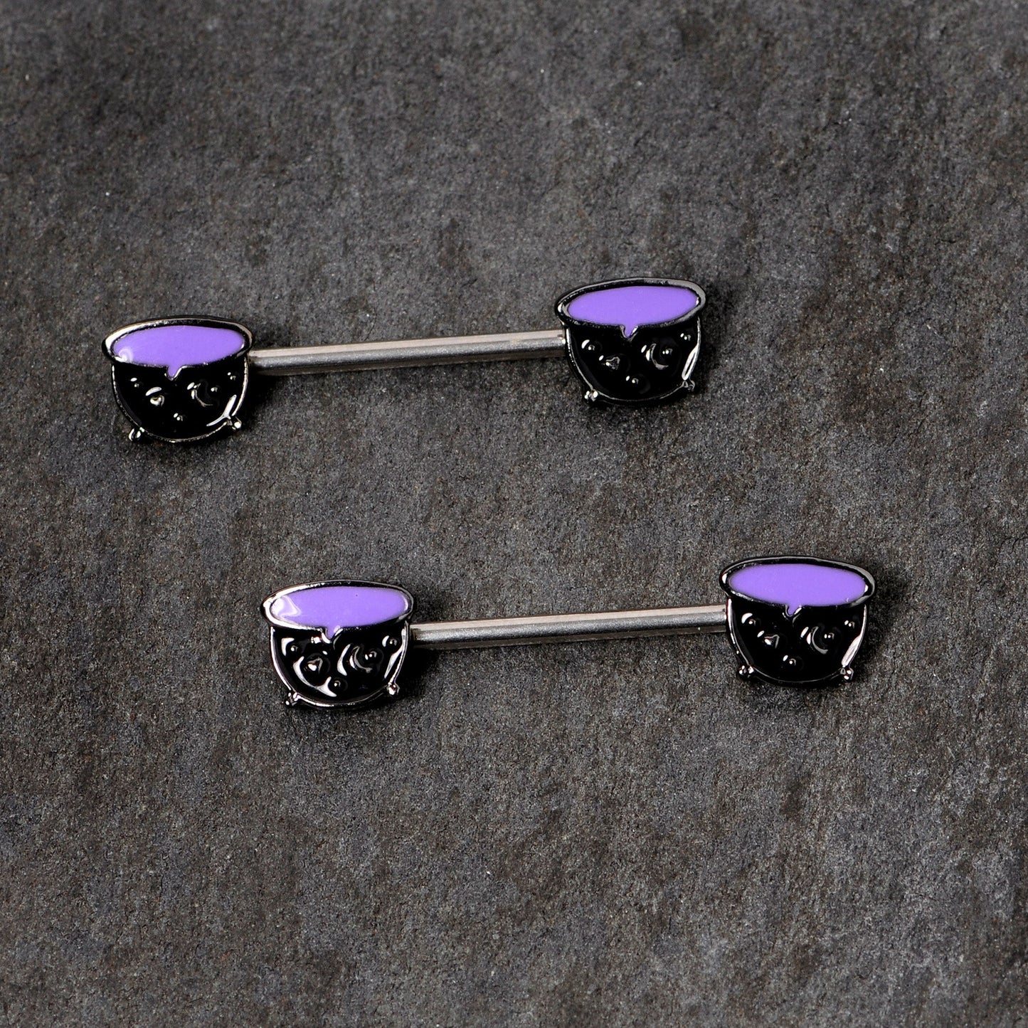 14 Gauge 11/16 Purple Cauldron Halloween Barbell Nipple Ring Set