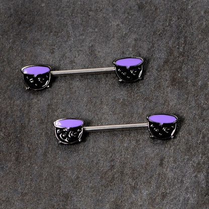 14 Gauge 11/16 Purple Cauldron Halloween Barbell Nipple Ring Set