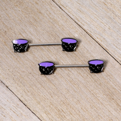 14 Gauge 11/16 Purple Cauldron Halloween Barbell Nipple Ring Set