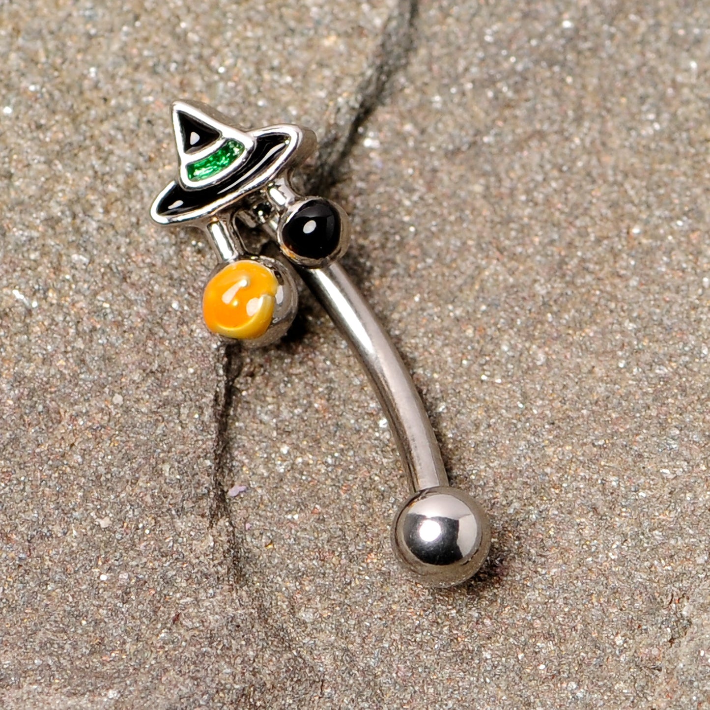 16 Gauge 5/16 Black Green Witches Hat Halloween Curved Eyebrow Ring