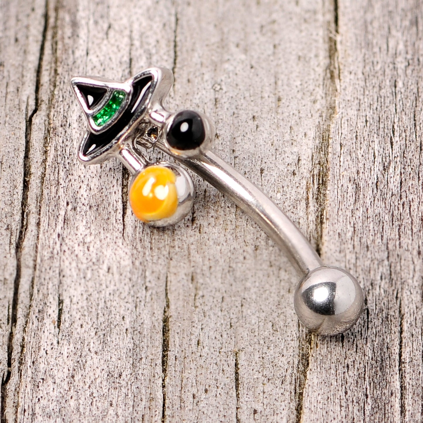 16 Gauge 5/16 Black Green Witches Hat Halloween Curved Eyebrow Ring