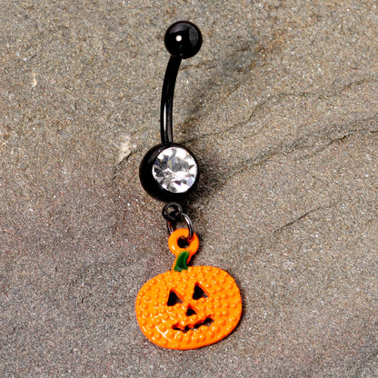 Clear Gem Black Orange Pumpkin Halloween Dangle Belly Ring