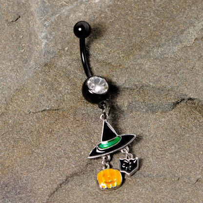 Clear Gem Black Cat Witch Hat Halloween Dangle Belly Ring