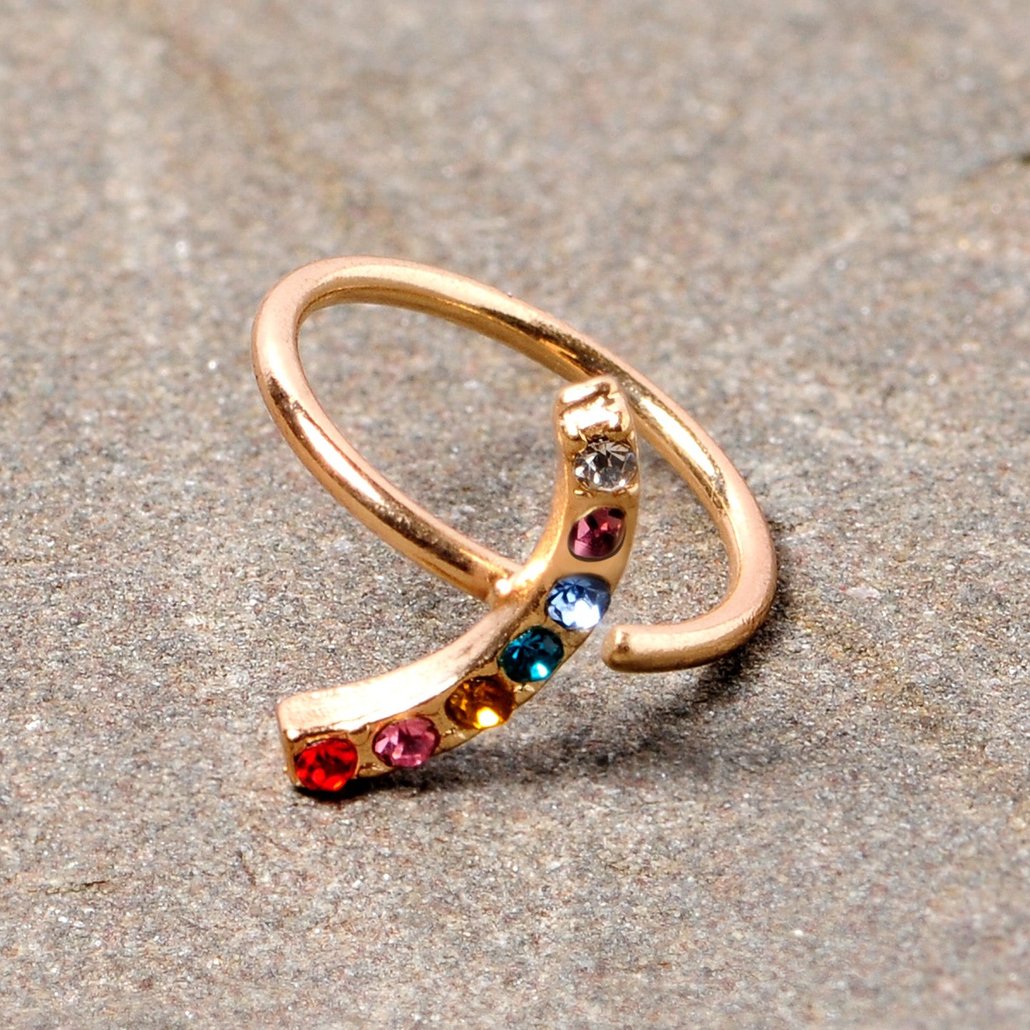 18 Gauge 3/8 Red Blue CZ Gem Gold Tone Rainbow Arc Nose Hoop