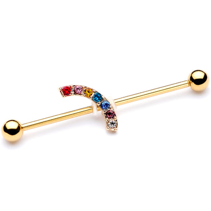 14 Gauge Red Blue Gem Gold Tone Rainbow Arc Industrial Barbell 38mm