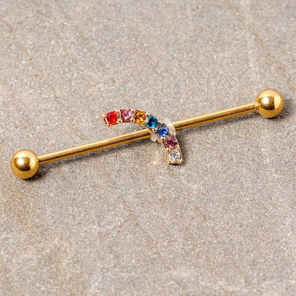 14 Gauge Red Blue Gem Gold Tone Rainbow Arc Industrial Barbell 38mm