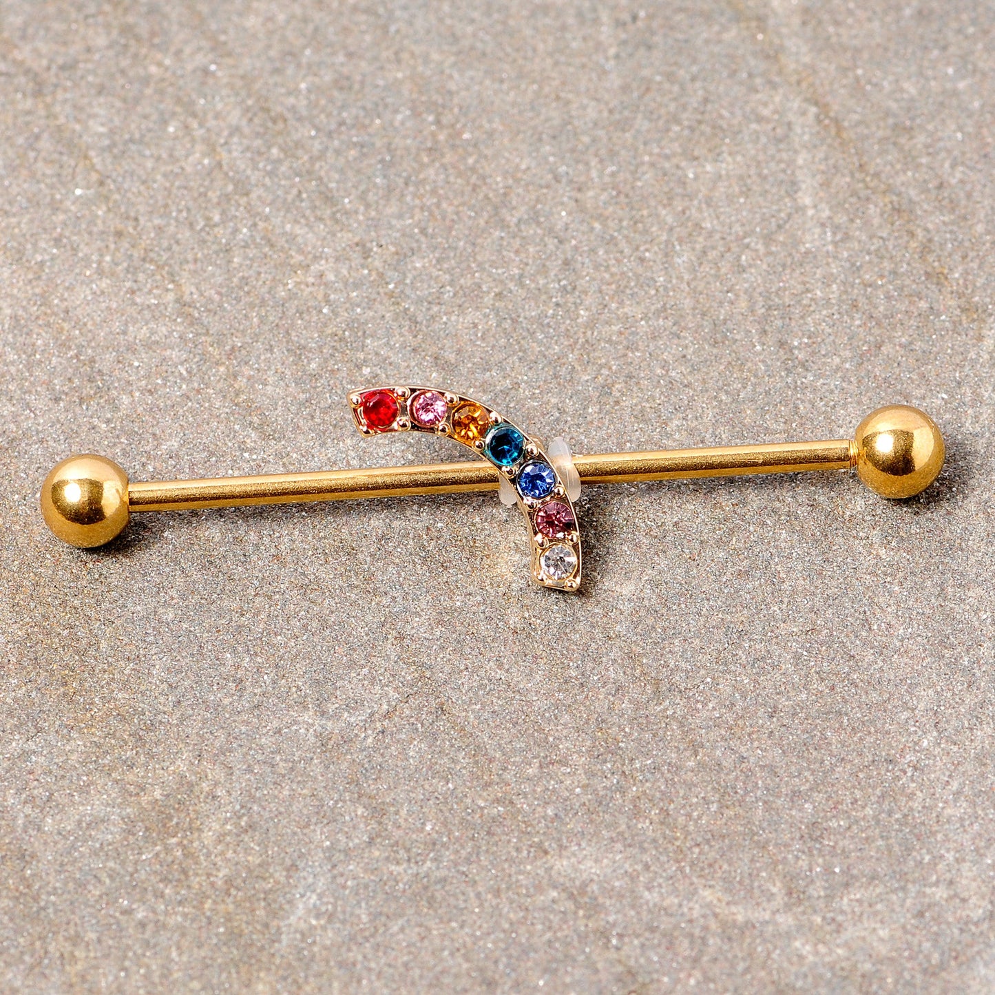 14 Gauge Red Blue Gem Gold Tone Rainbow Arc Industrial Barbell 38mm