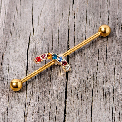 14 Gauge Red Blue Gem Gold Tone Rainbow Arc Industrial Barbell 38mm